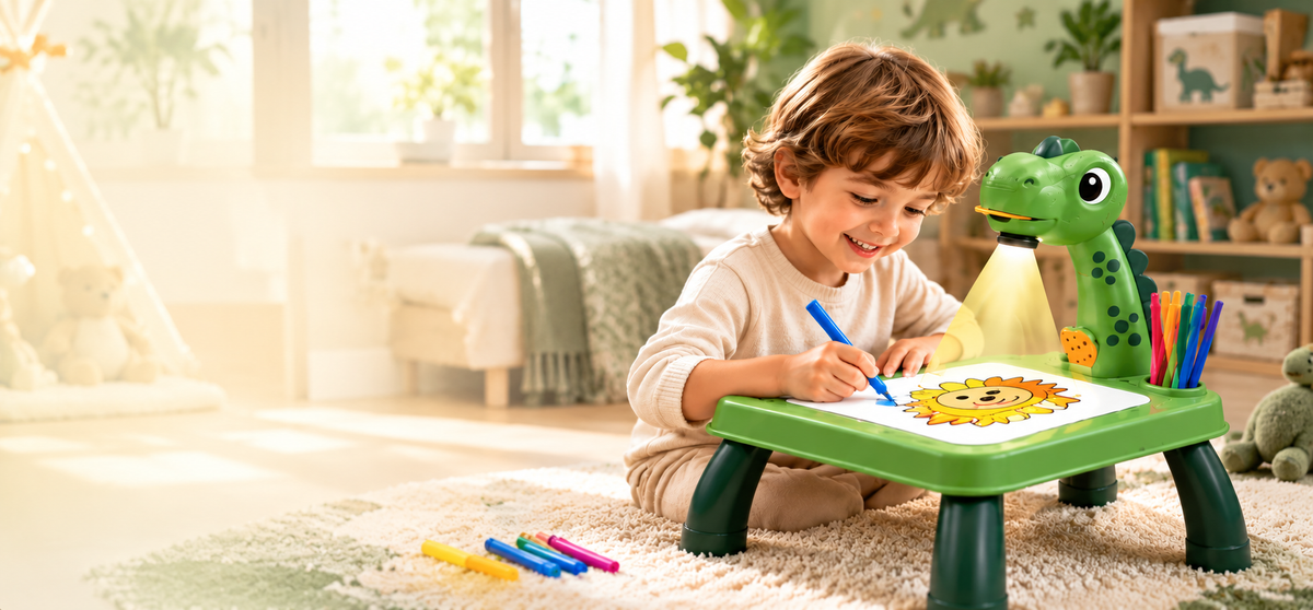 Child enjoying the green dinosaur projection drawing table